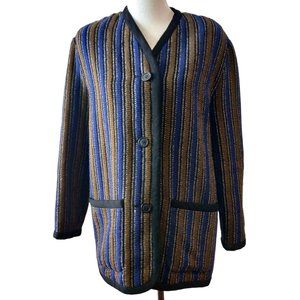 Patricia Clyne Womens Vtg 100% Wool Blue Brown Striped 3 Button Blazer Jacket 8